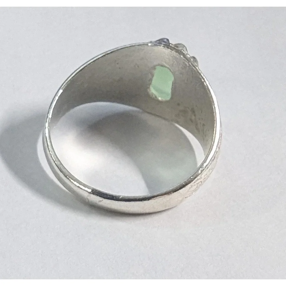 Silvertone Ring Size 10.5 10 1/2 Oval Green Cabachon Stone Mens Womens Large New